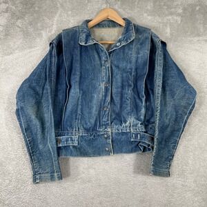 Vintage 70s Denim Trucker Jacket Womens Medium Blue Pleated Western Boho Grunge